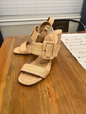 LC Lauren Conrad Woven Beige Block Heel Sandals with Buckle